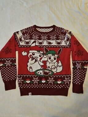 Pokemon Center Adult Small Eevee Pikachu Christmas Holiday Cookies Sweater